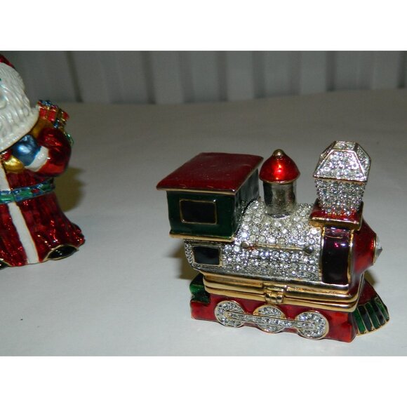 Santa Claus & Train Figurine Hinged Trinket Boxes Enamel Rhinestone Accents - Picture 8 of 15